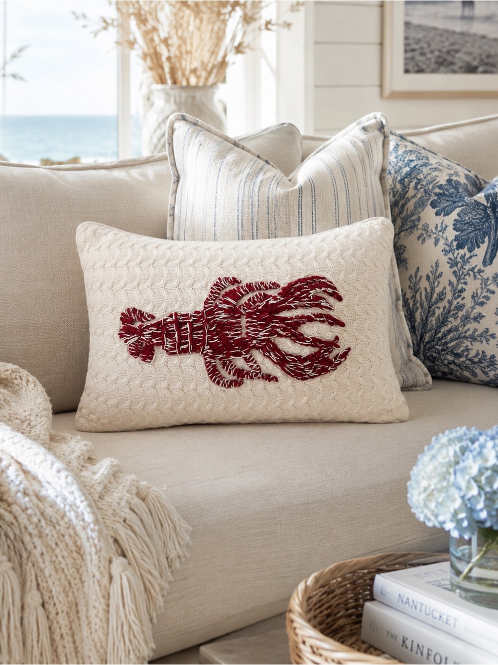 NEW Coastal Lobster Throw Pillow Nautical Nantucket Beach House Cottage Decor